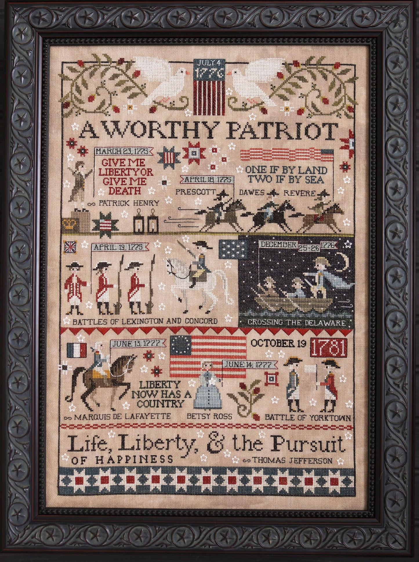 Decorative cross-stitch pattern with American patriotic elements and text.