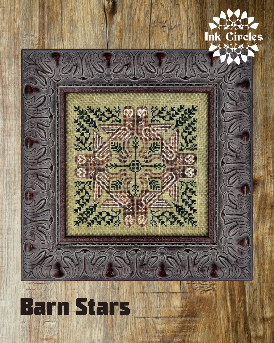 Decorative cross-stitched design of a barn star on a wooden background with 'Ink Circles' branding.