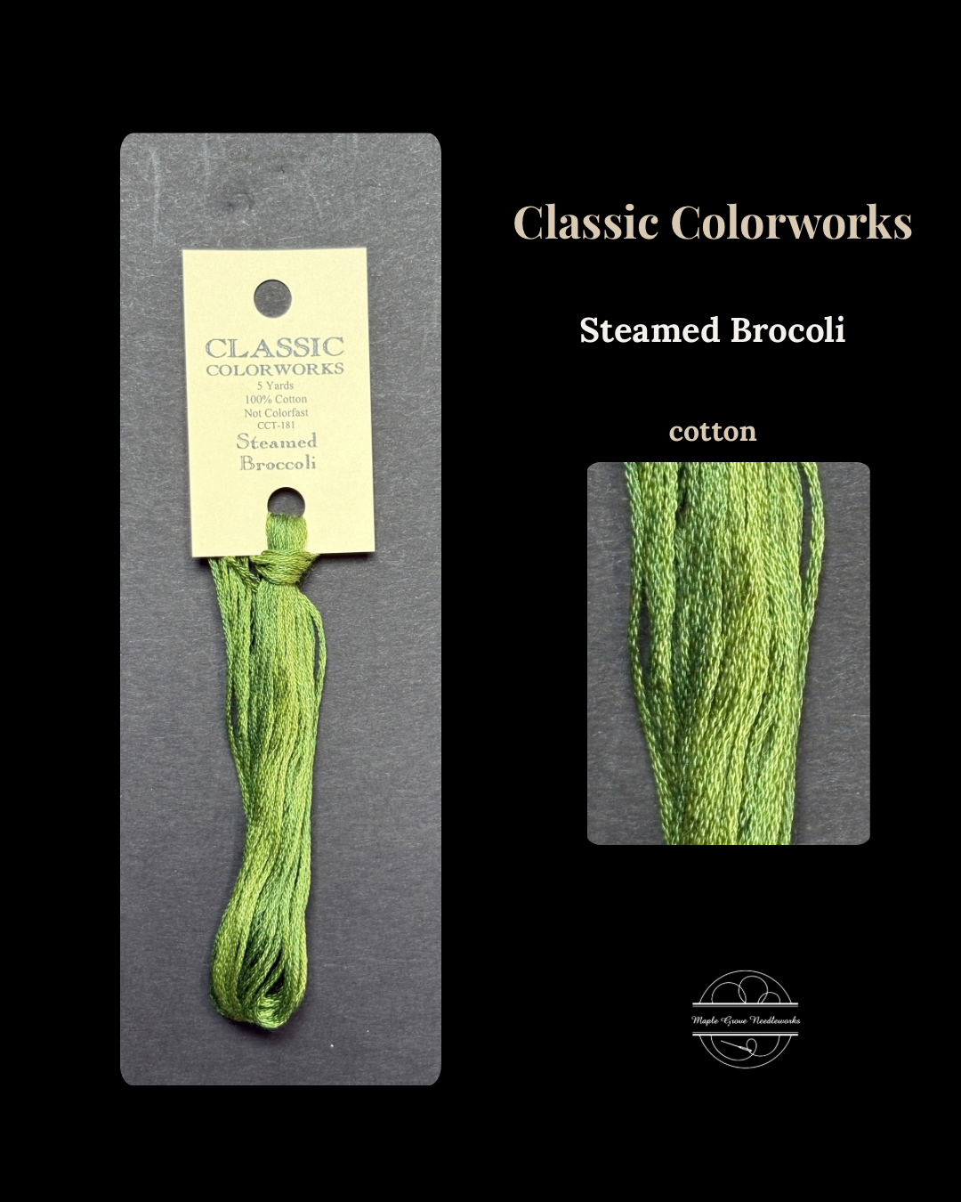 Green embroidery floss on a Classic Colorworks card with a close-up inset on a black background.