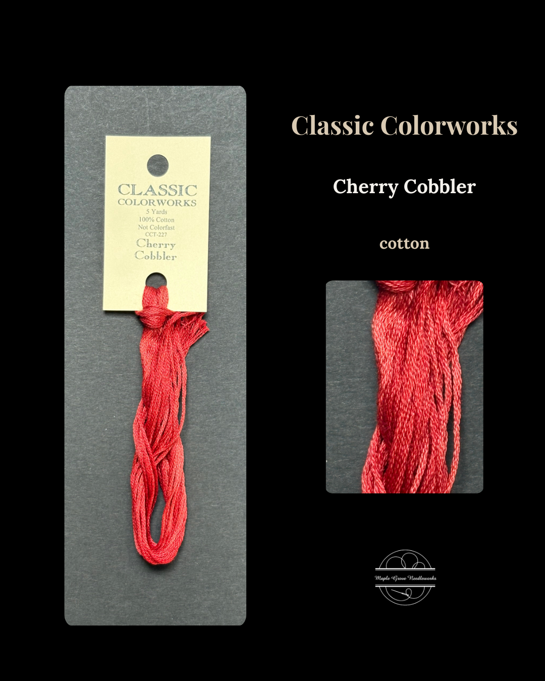 Red embroidery floss on a Classic Colorworks Cherry Cobbler card against a black background