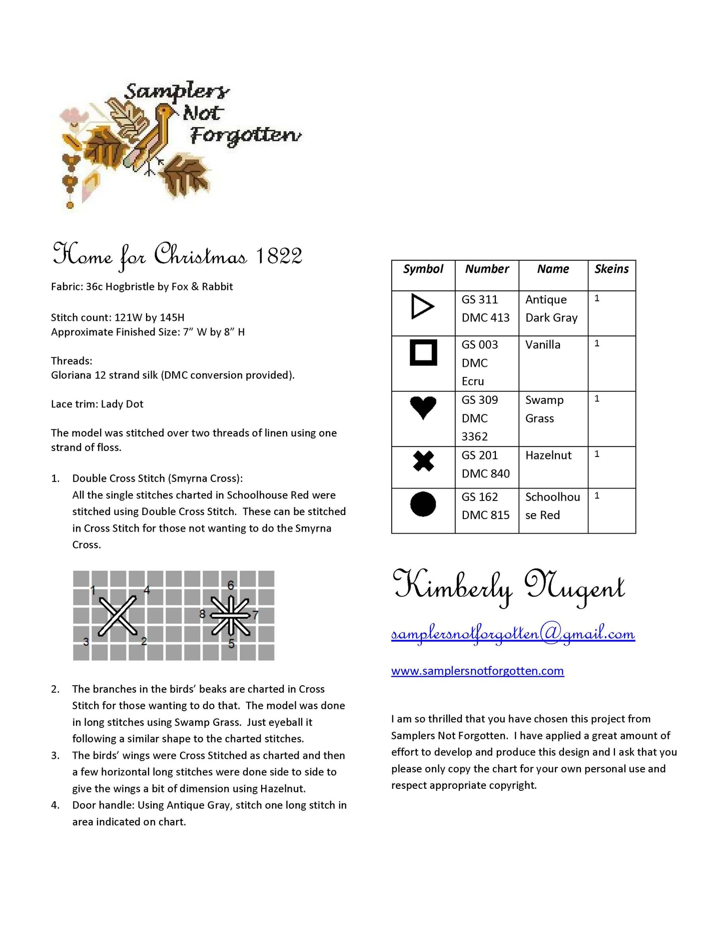 Sampler pattern sheet titled 'Home for Christmas 1822' with stitch chart and instructions.