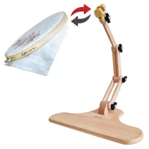 Wooden lamp with adjustable arm and round shade on a white background