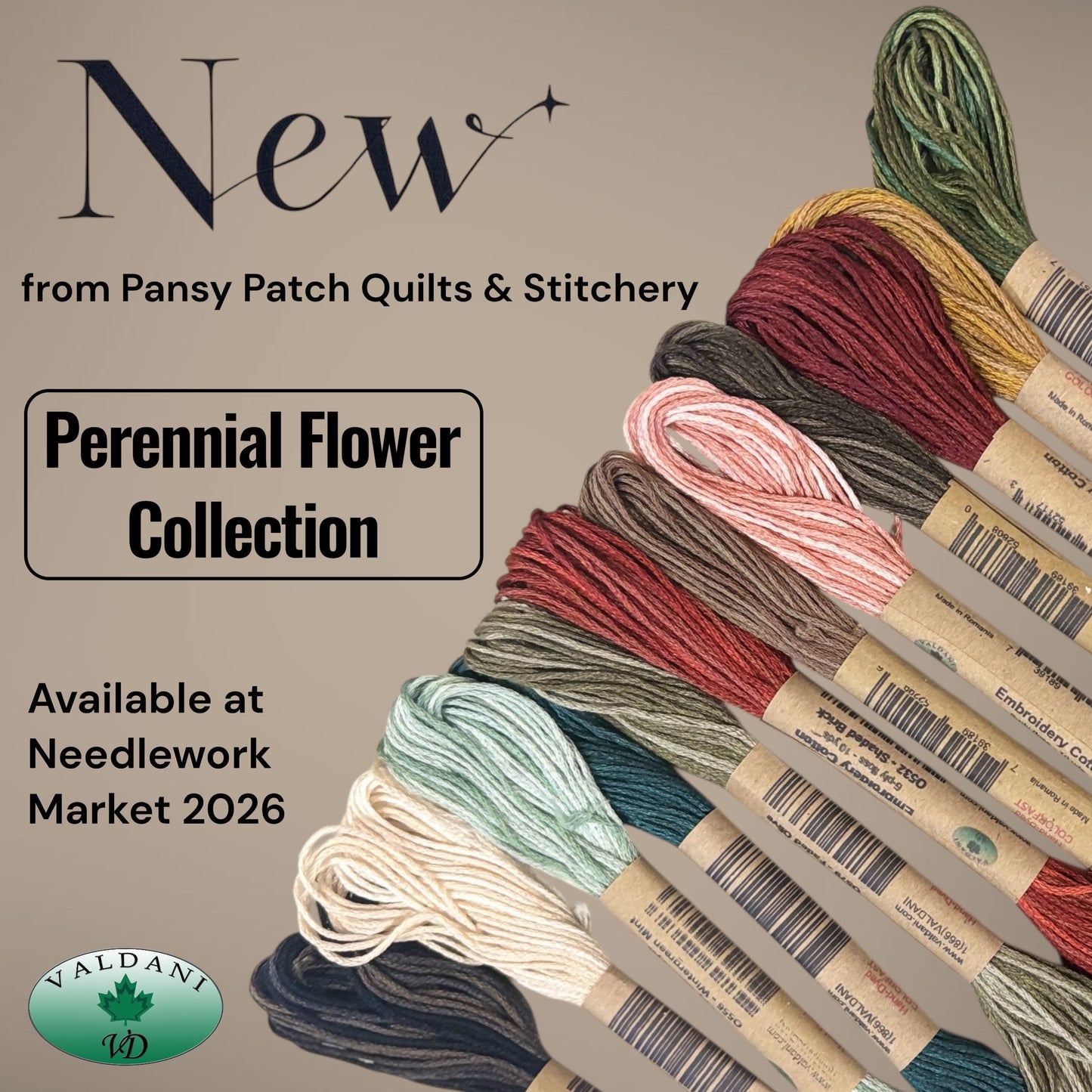 Promotional image for Pansy Patch Quilts & Stitchery's Perennial Flower Collection with embroidery floss and Valdani branding.