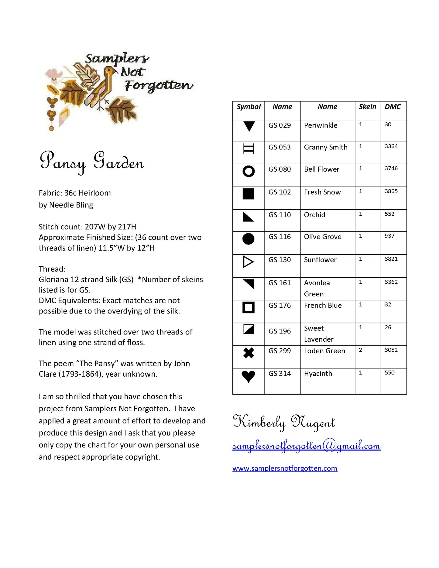 Sampler chart for 'Pansy Garden' with symbols, names, and DMC thread numbers on a white background.