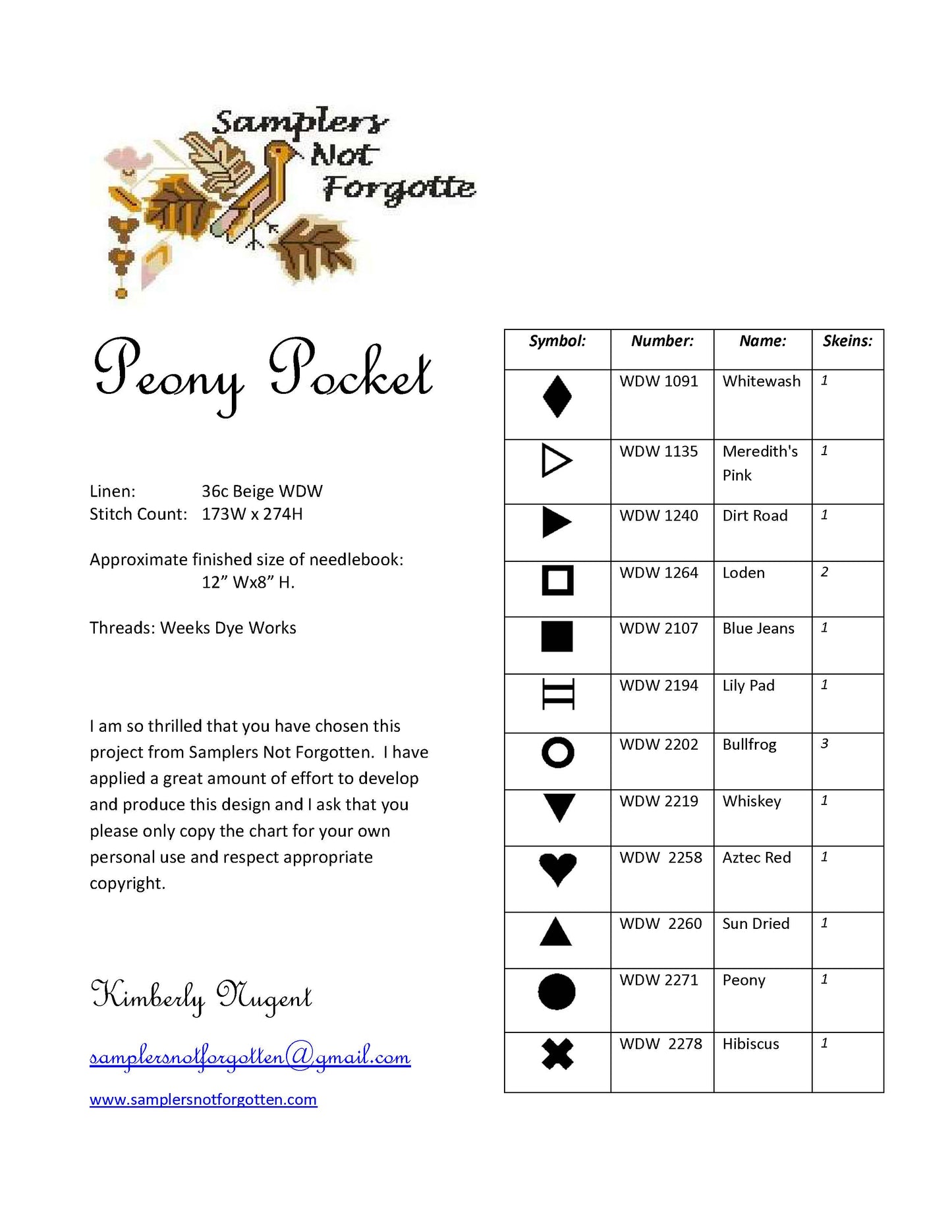 Sampler Not Forgotten Peony Pocket chart with symbols, numbers, and descriptions on a white background.