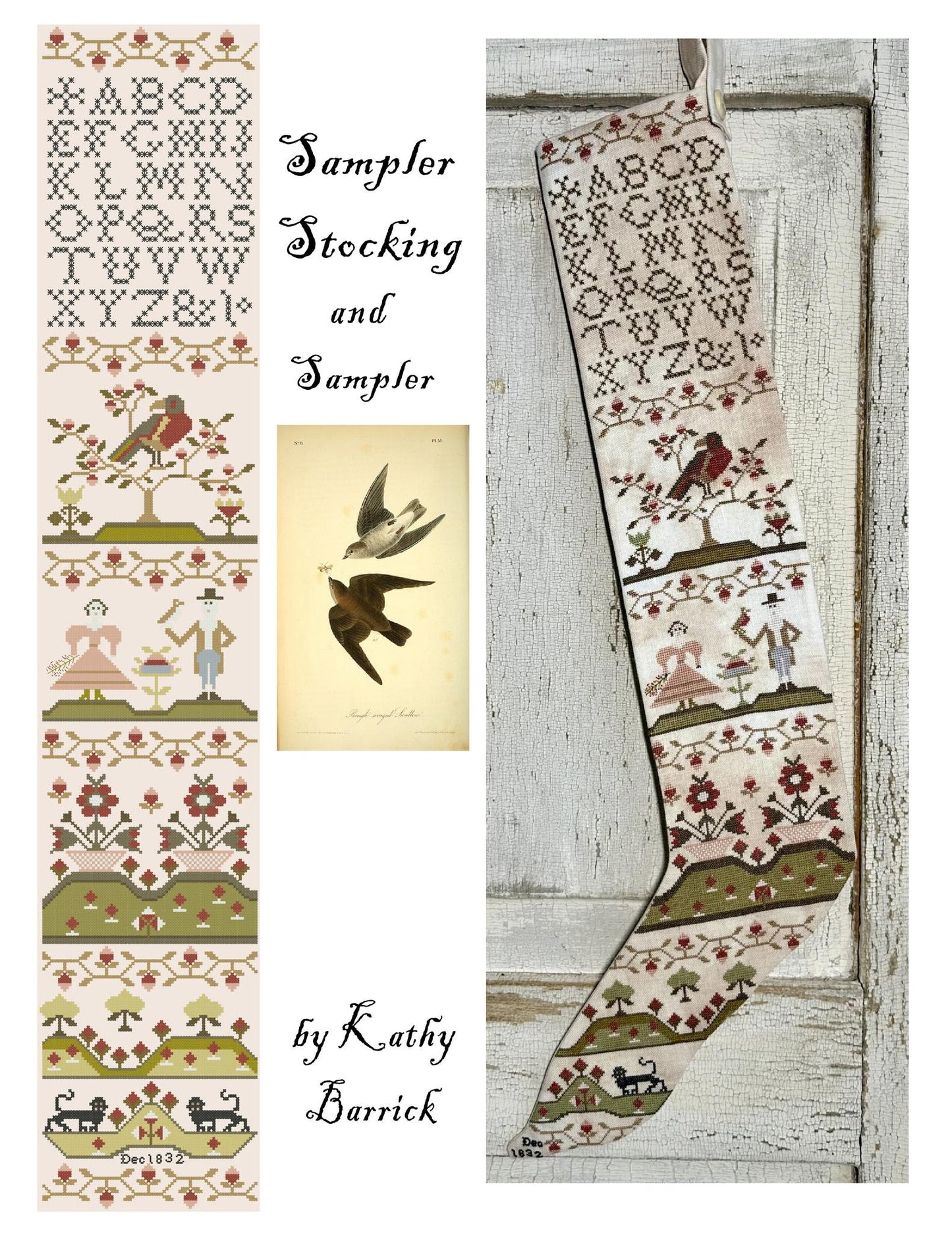 Sampler stocking and sampler with decorative patterns on a wooden background