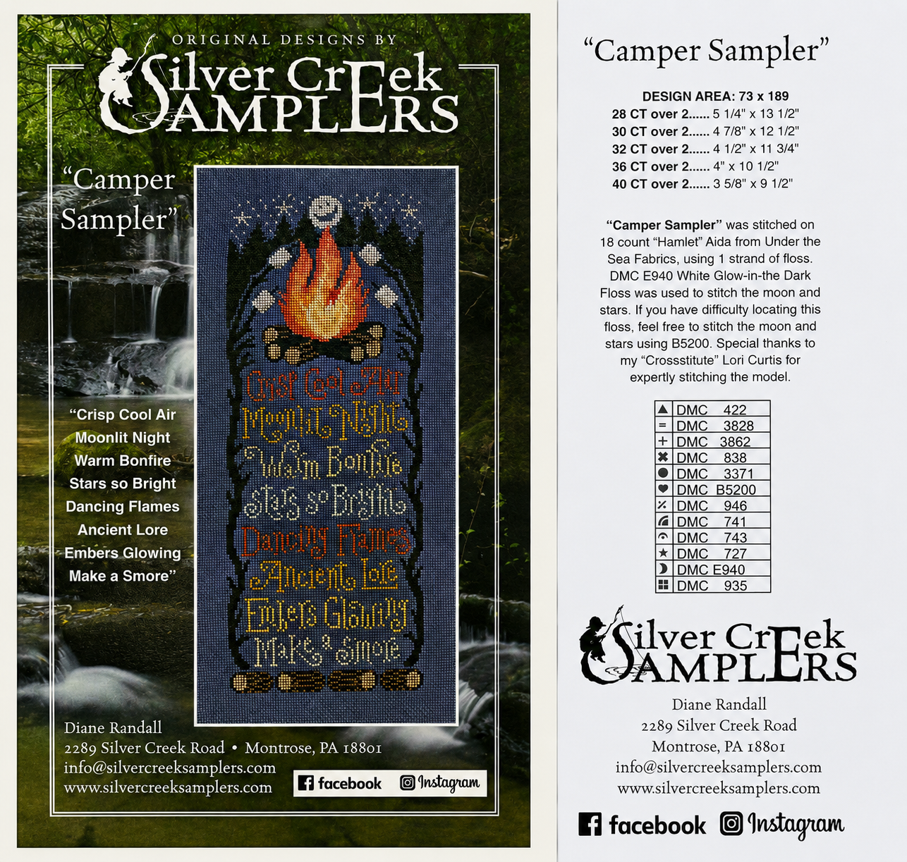 Silver Creek Samplers cross-stitch pattern for 'Camper Sampler' with design details and branding.