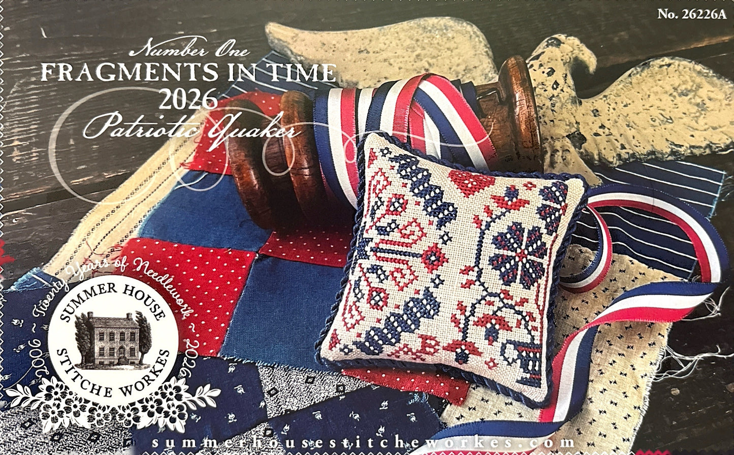Product packaging for 'Fragments in Time 2026 Patriotic Quilts' with a spool of thread, quilt, and decorative pillow.