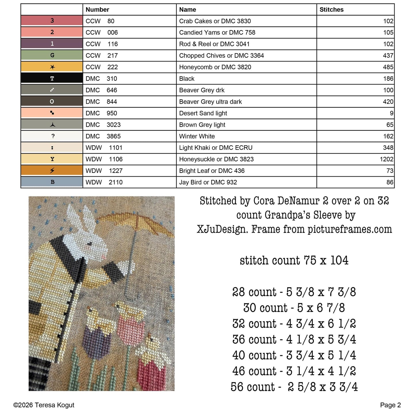 Embroidery design chart with color codes and stitch counts for a pattern of a deer and flowers.