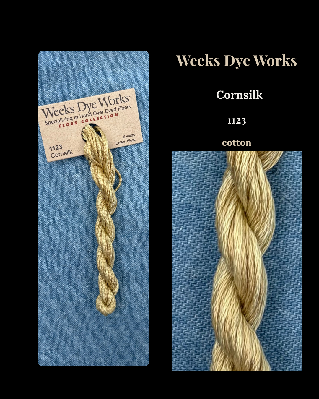 Weeks Dye Works cornsilk yarn with packaging and label on a blue background