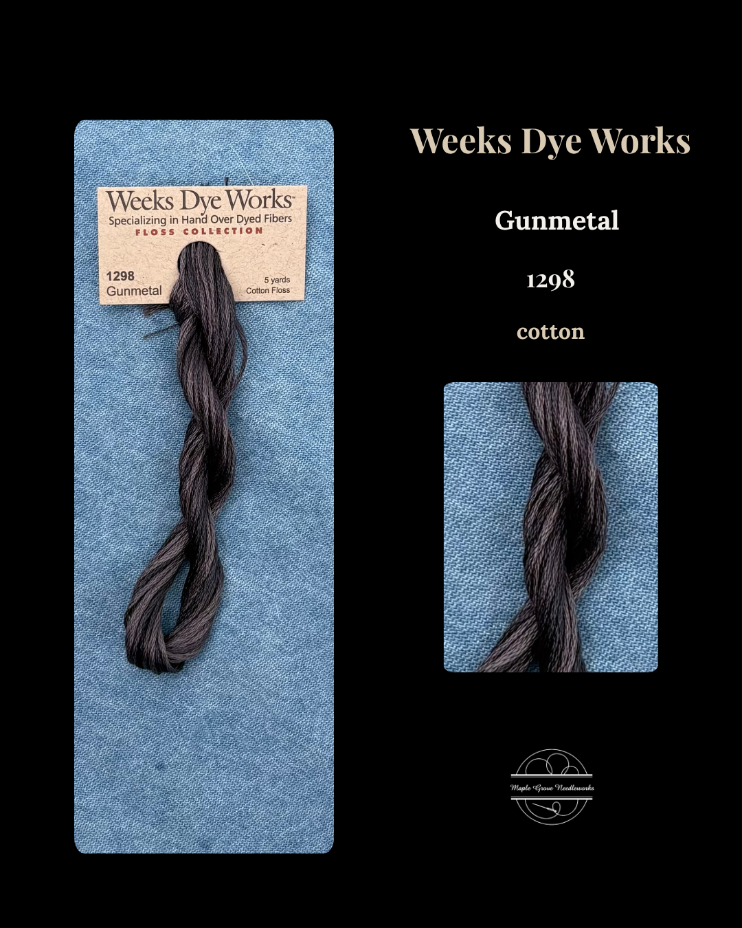 Weeks Dye Works cotton floss in Gunmetal color on a blue background