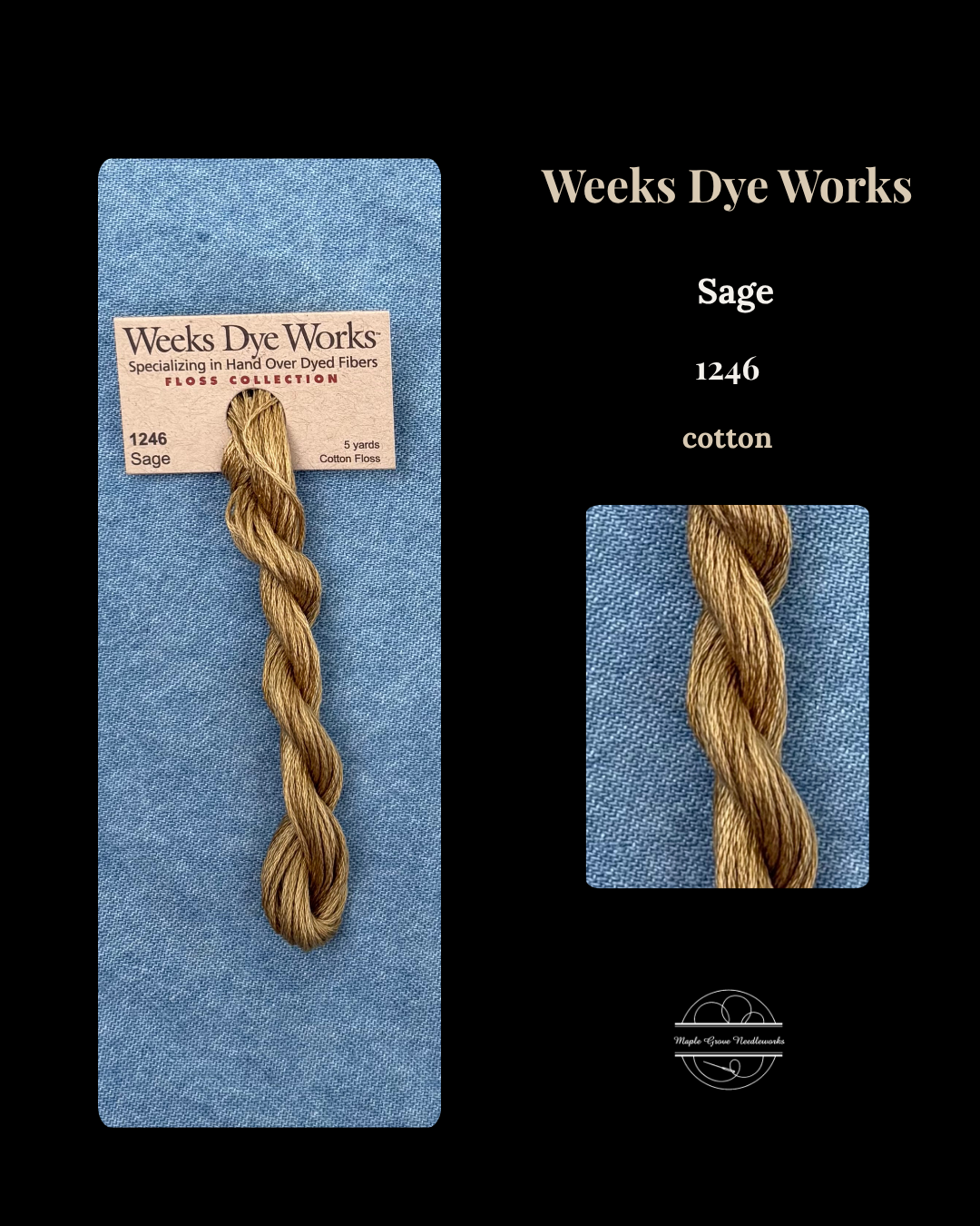 Skein of Weeks Dye Works Sage 1246 cotton yarn on a blue background