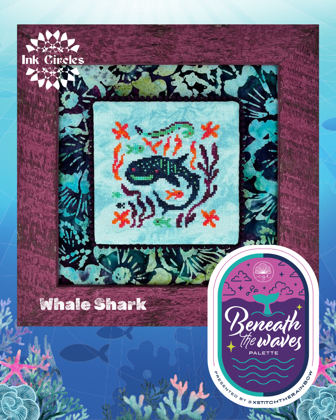 whale shark cross stitch kit with colorful design and 'Beneath the Waves' palette label