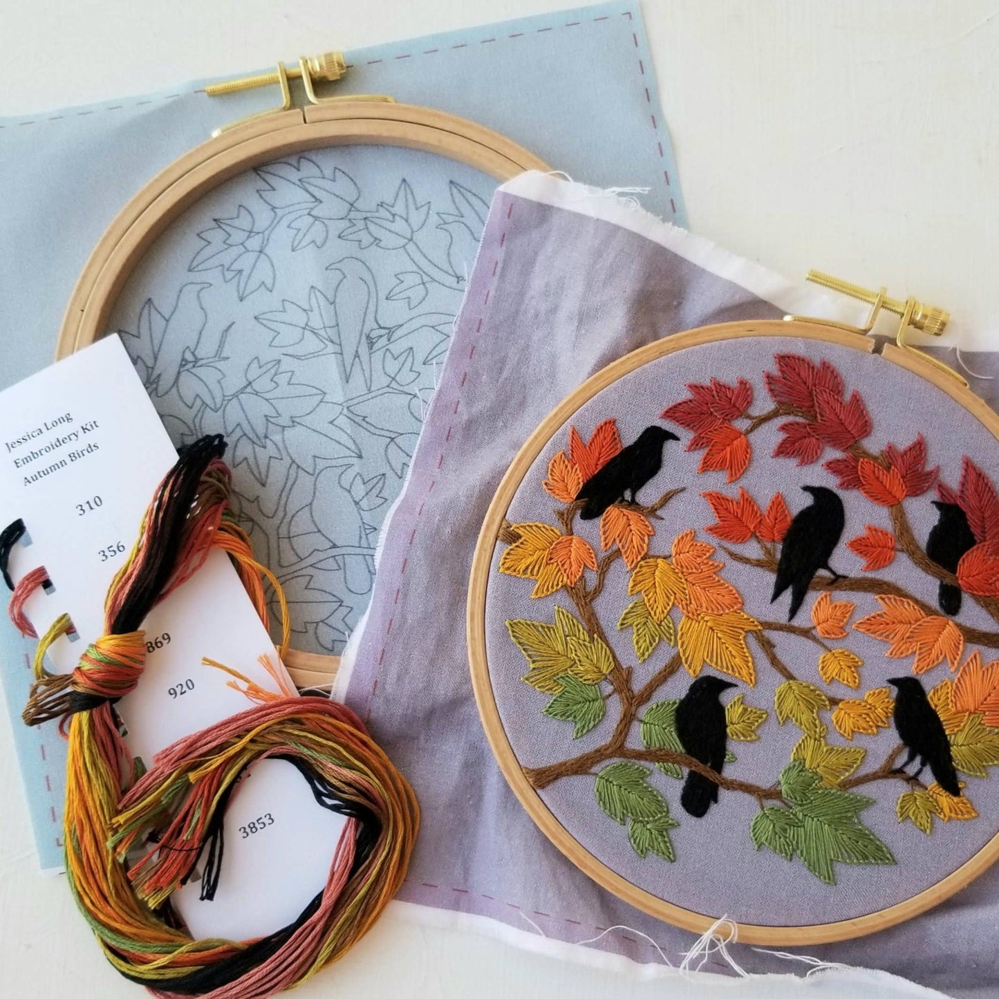 Autumn Birds Embroidery Kit: Grey - blue - Maple Grove Needleworks