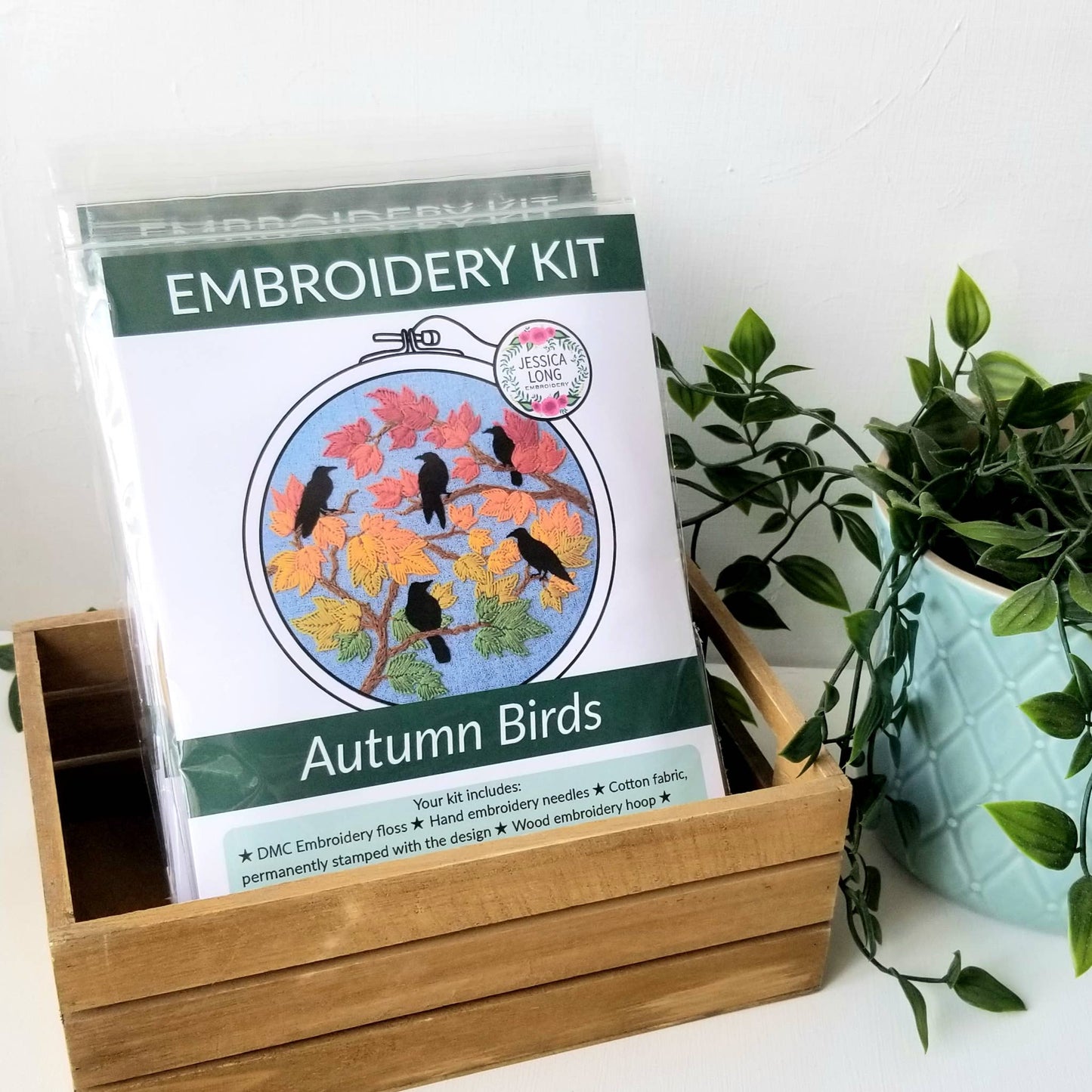 Autumn Birds Embroidery Kit: Grey - blue - Maple Grove Needleworks