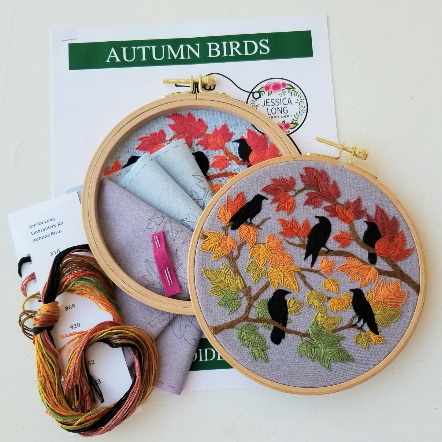Autumn Birds Embroidery Kit: Grey - blue - Maple Grove Needleworks