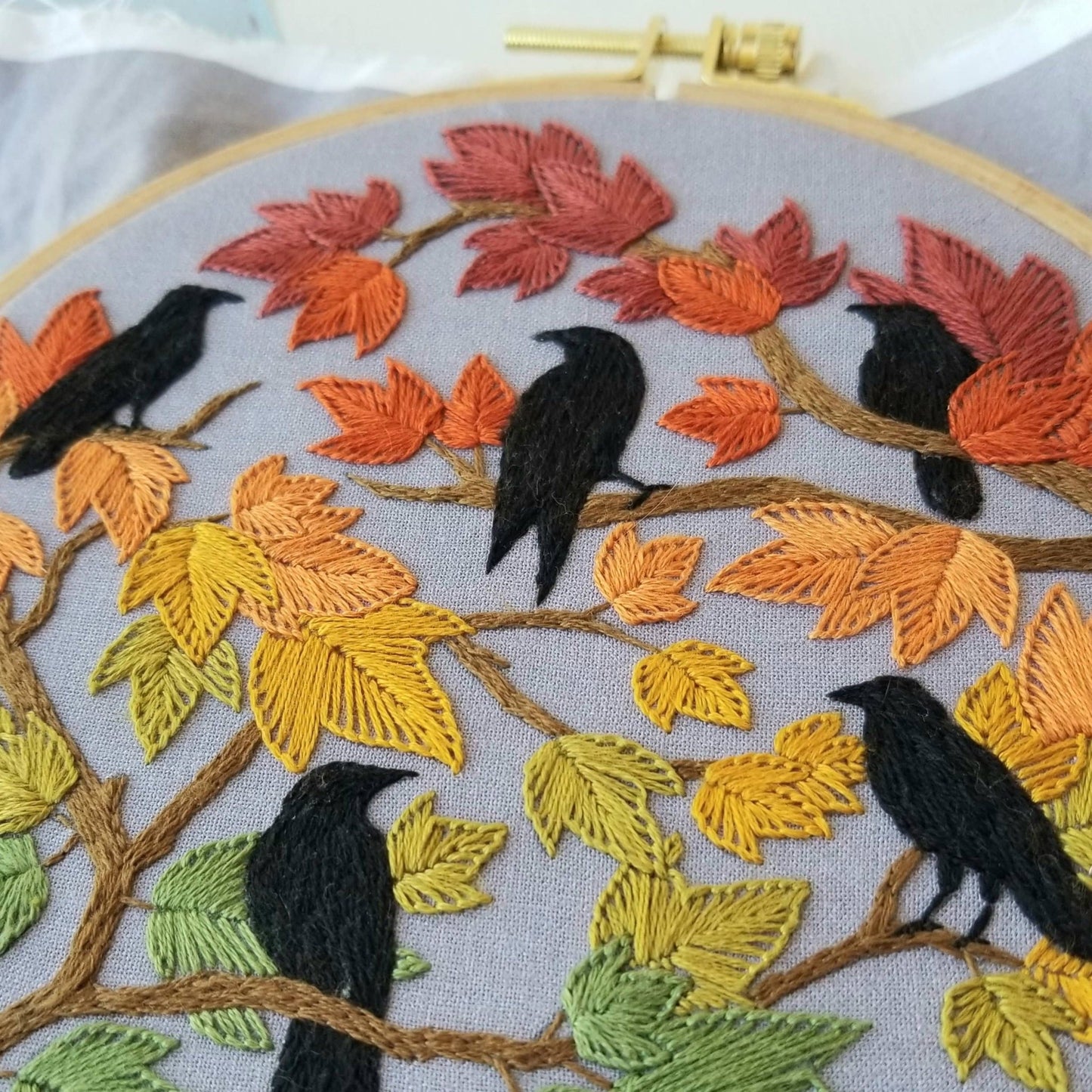 Autumn Birds Embroidery Kit: Grey - blue - Maple Grove Needleworks