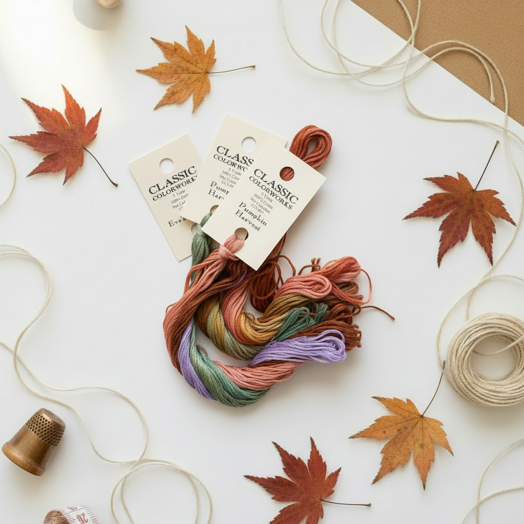 Classic Colorworks Pumpkin Harvest thread pack on autumn background