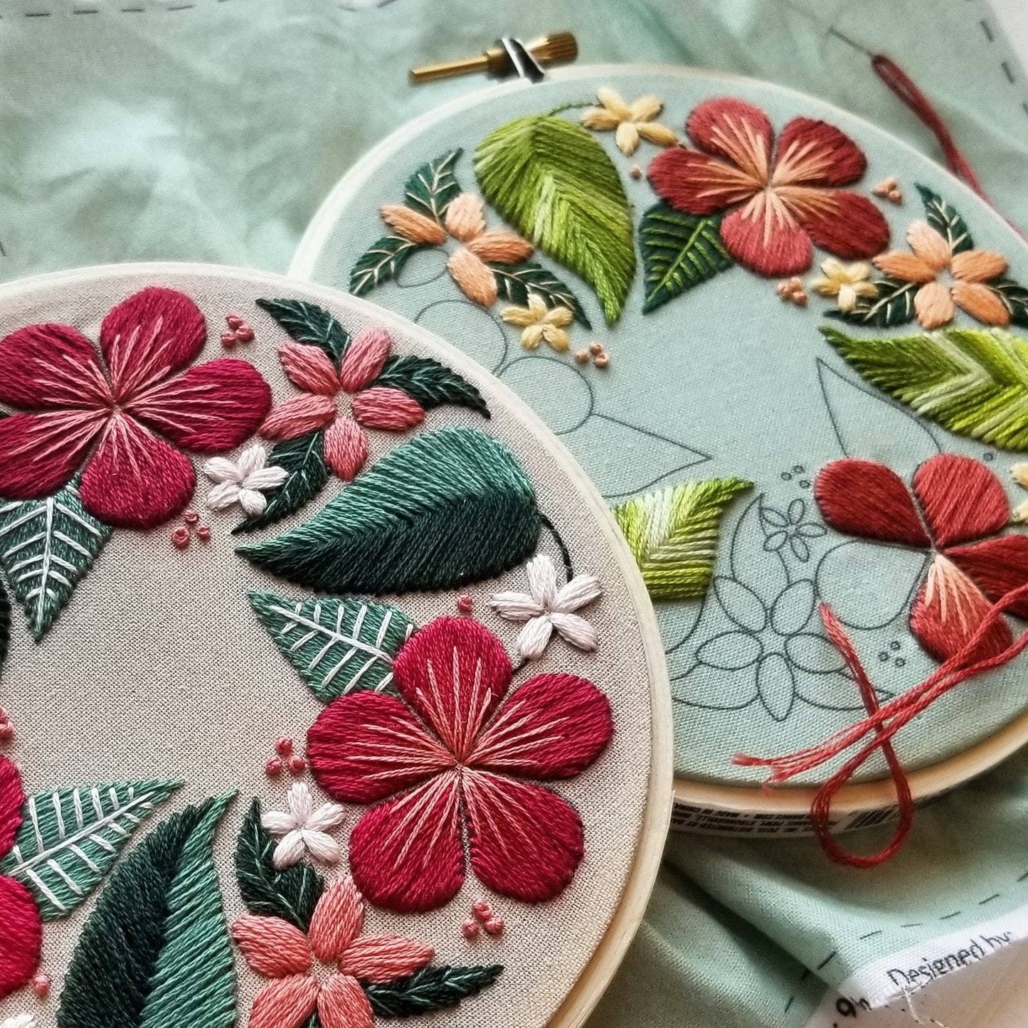 Floral Flourish Beginner Embroidery Kit: Muted green fabric - Maple Grove Needleworks