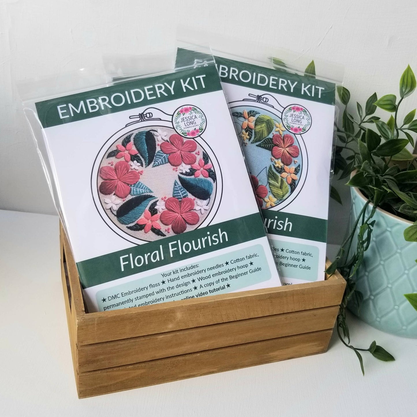 Floral Flourish Beginner Embroidery Kit: Muted green fabric - Maple Grove Needleworks