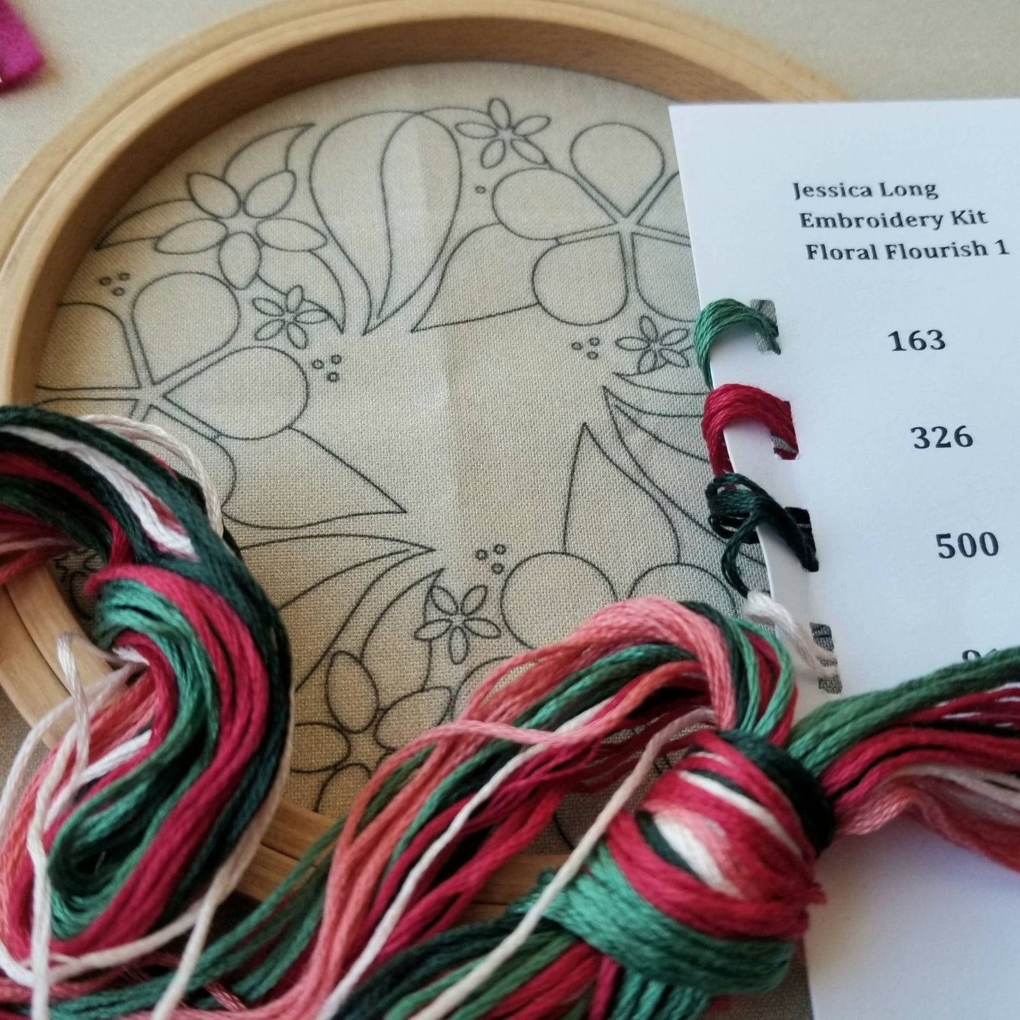 Floral Flourish Beginner Embroidery Kit: Muted green fabric - Maple Grove Needleworks