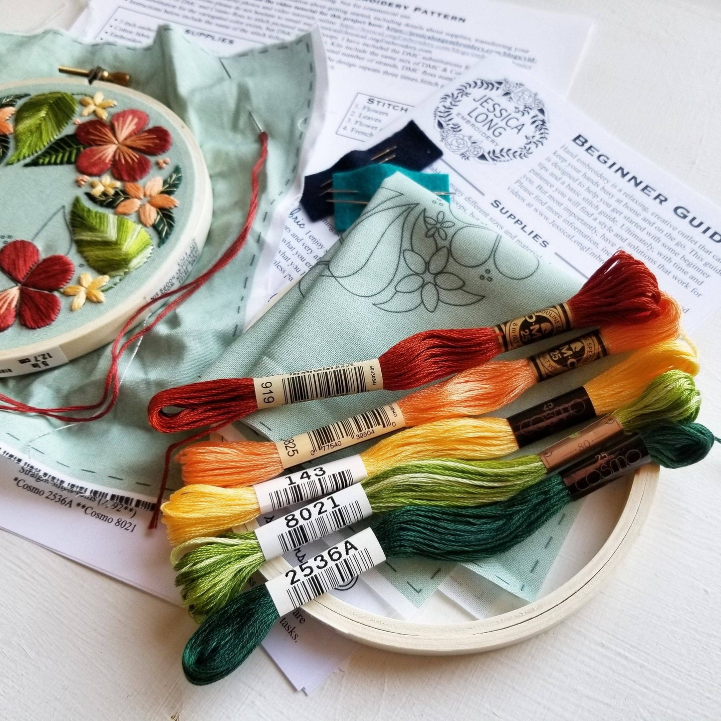 Floral Flourish Beginner Embroidery Kit: Muted green fabric - Maple Grove Needleworks