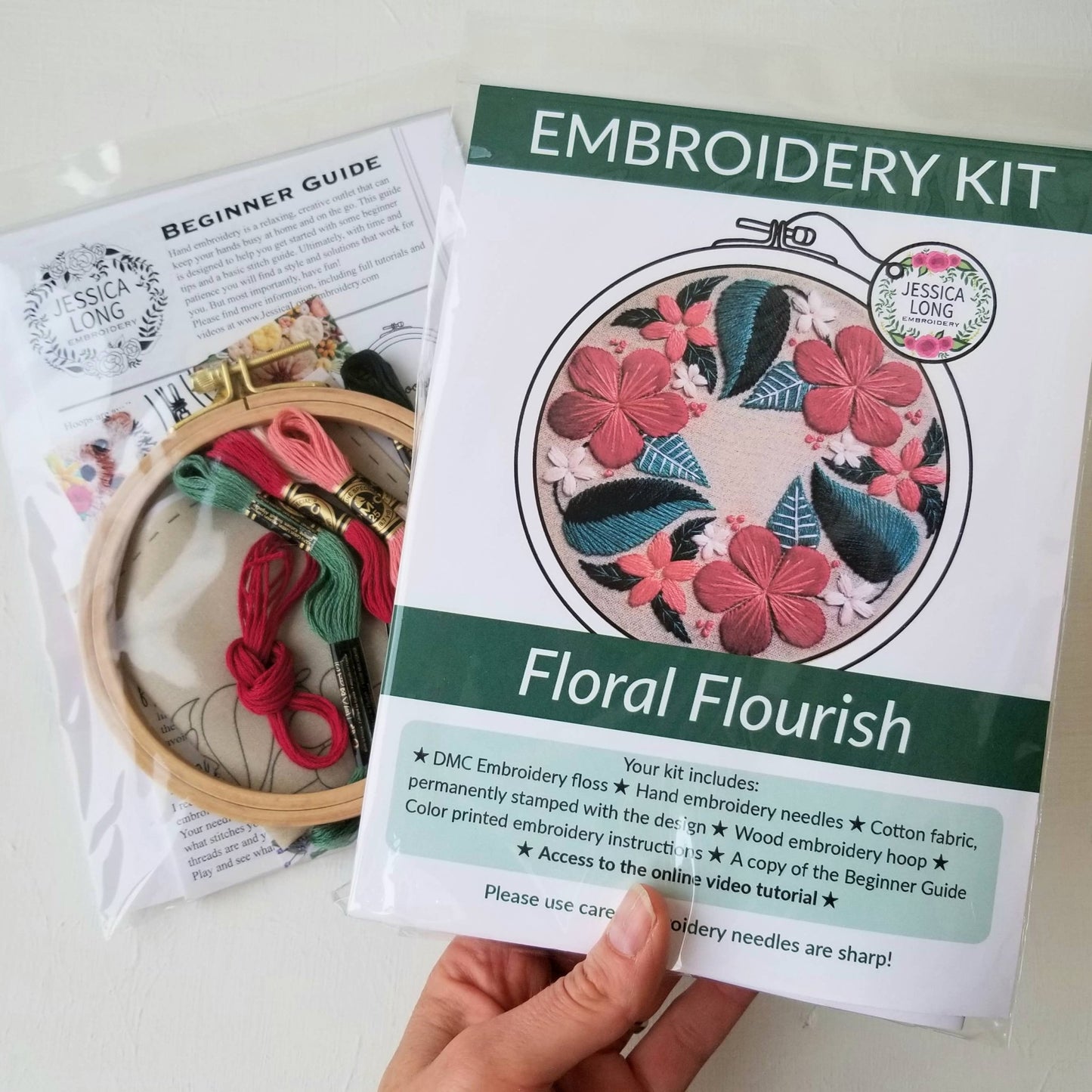 Floral Flourish Beginner Embroidery Kit: Muted green fabric - Maple Grove Needleworks