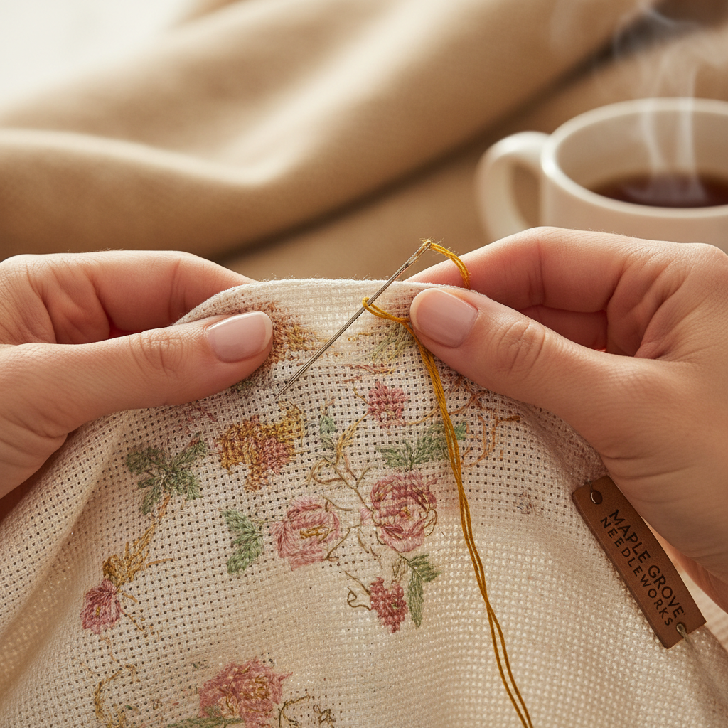 Single tapestry needle in use on cross stitch