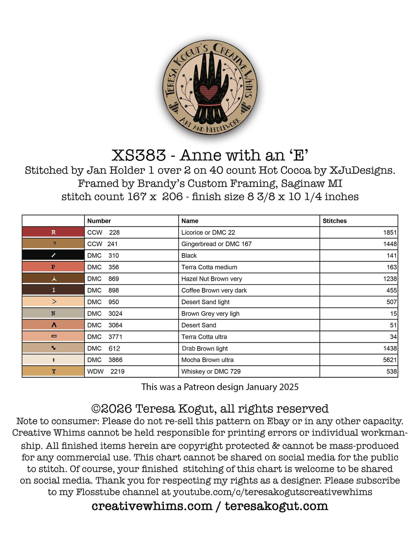 Embroidery pattern chart with color codes and stitch counts for 'Anne with an E' by Teresa Kogut.