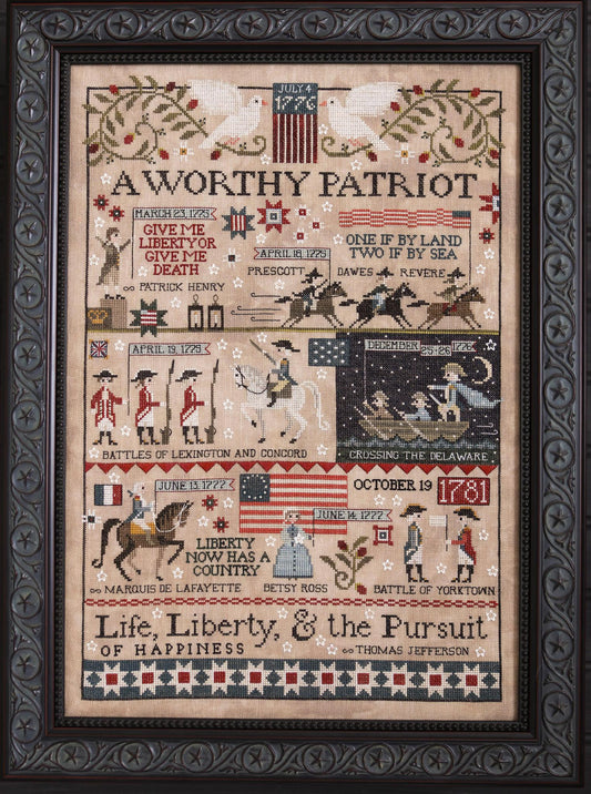 Decorative cross-stitch pattern with American patriotic elements and text.