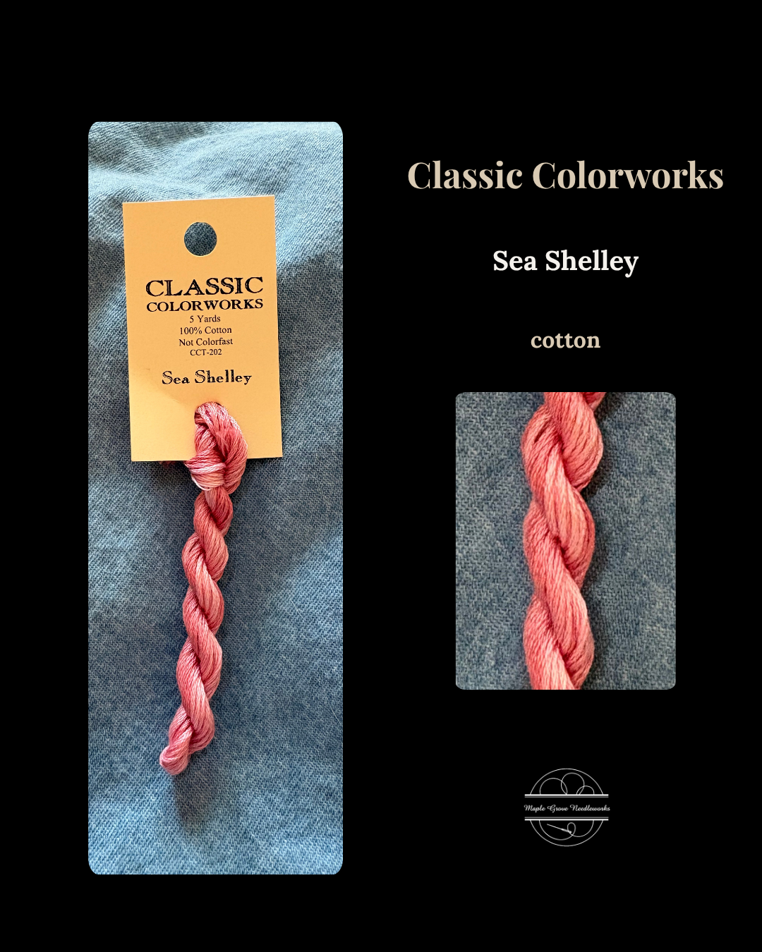 Pink yarn skein of floss or embroidery thread with 'Classic Colorworks' labeled Sea Shelley