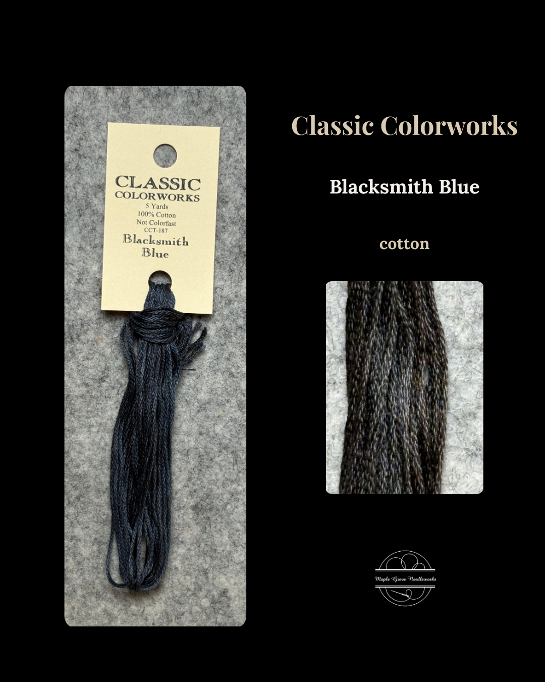 Blacksmith Blue by Classic Colorworks cotton thread with packaging and close-up on a black background