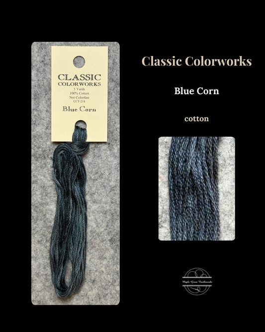 Classic Colorworks Blue Corn cotton thread on a gray card with a close-up inset.