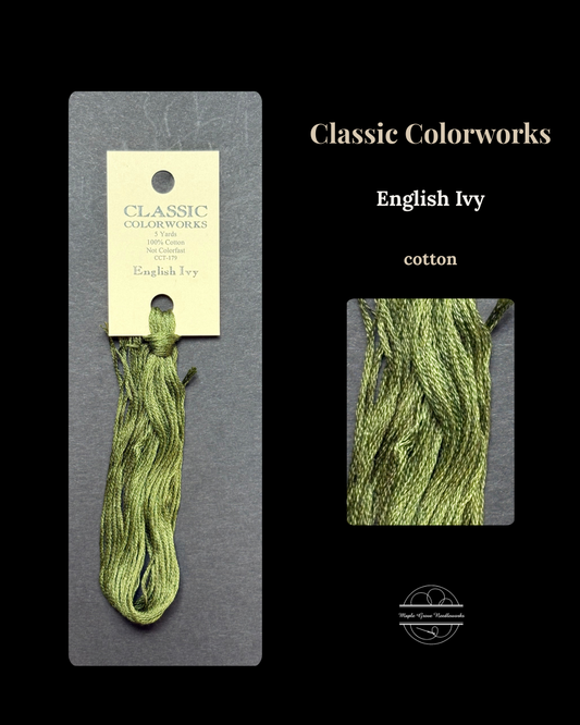 Green embroidery floss with packaging on a black background, featuring 'Classic Colorworks' branding.