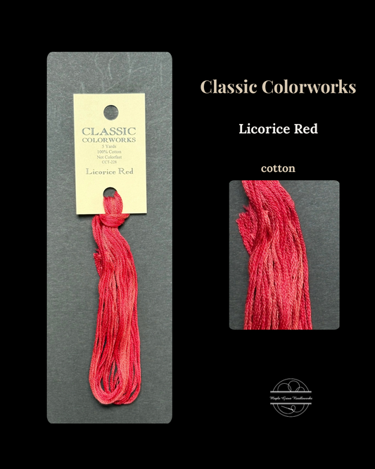 Red embroidery floss on a Classic Colorworks card with 'Licorice Red' label on a black background