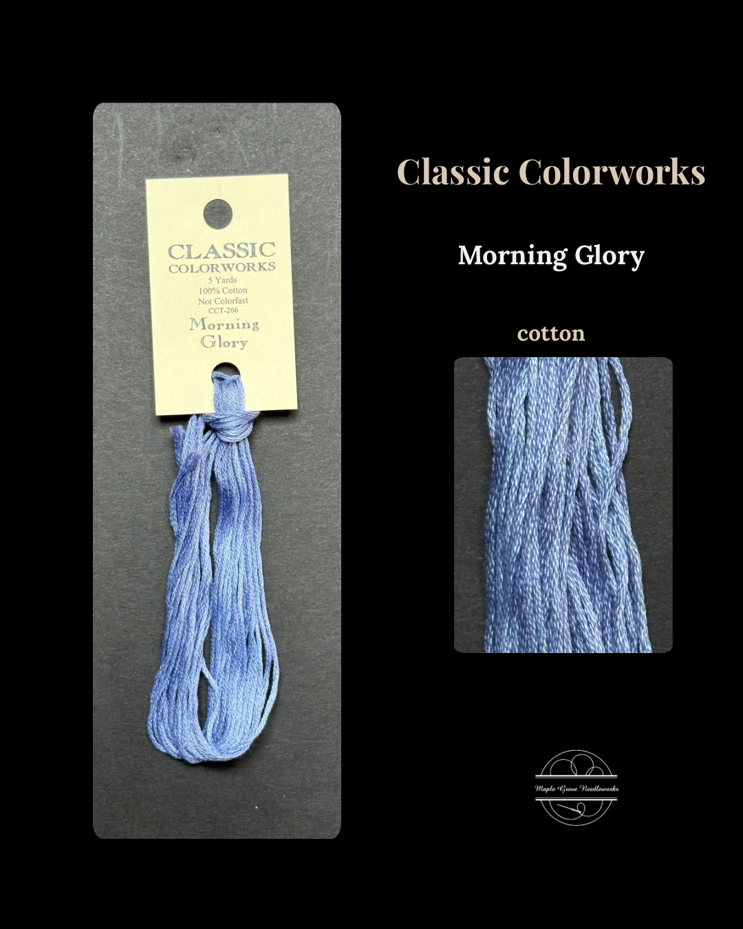 Blue embroidery floss on a Classic Colorworks card with 'Morning Glory' text on a black background.