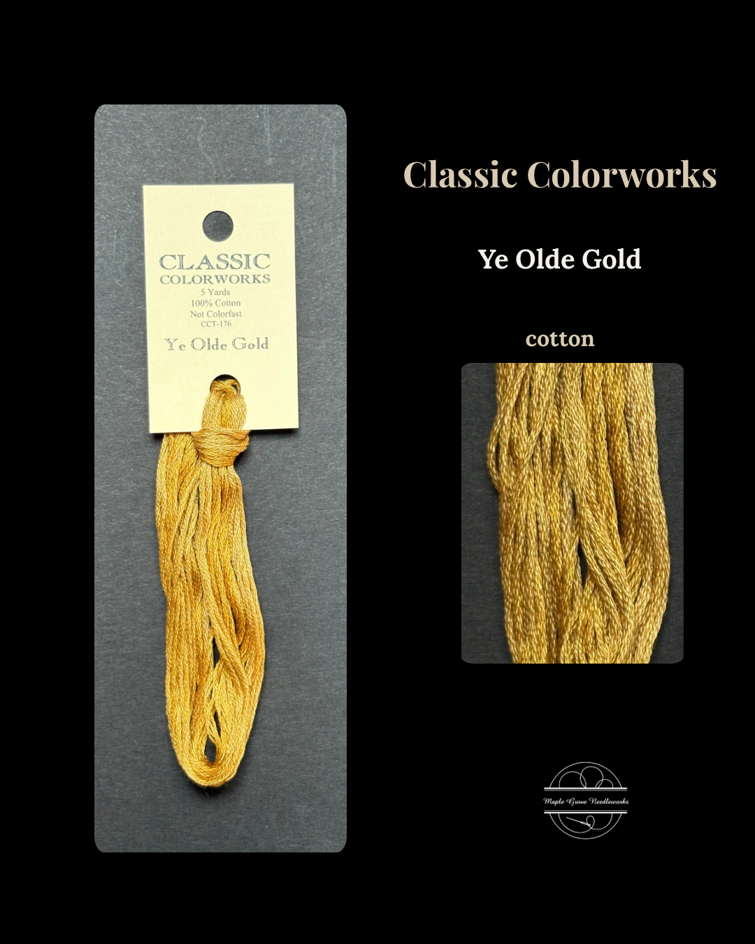Yellow embroidery floss on a Classic Colorworks card with 'Ye Olde Gold' label on a black background.