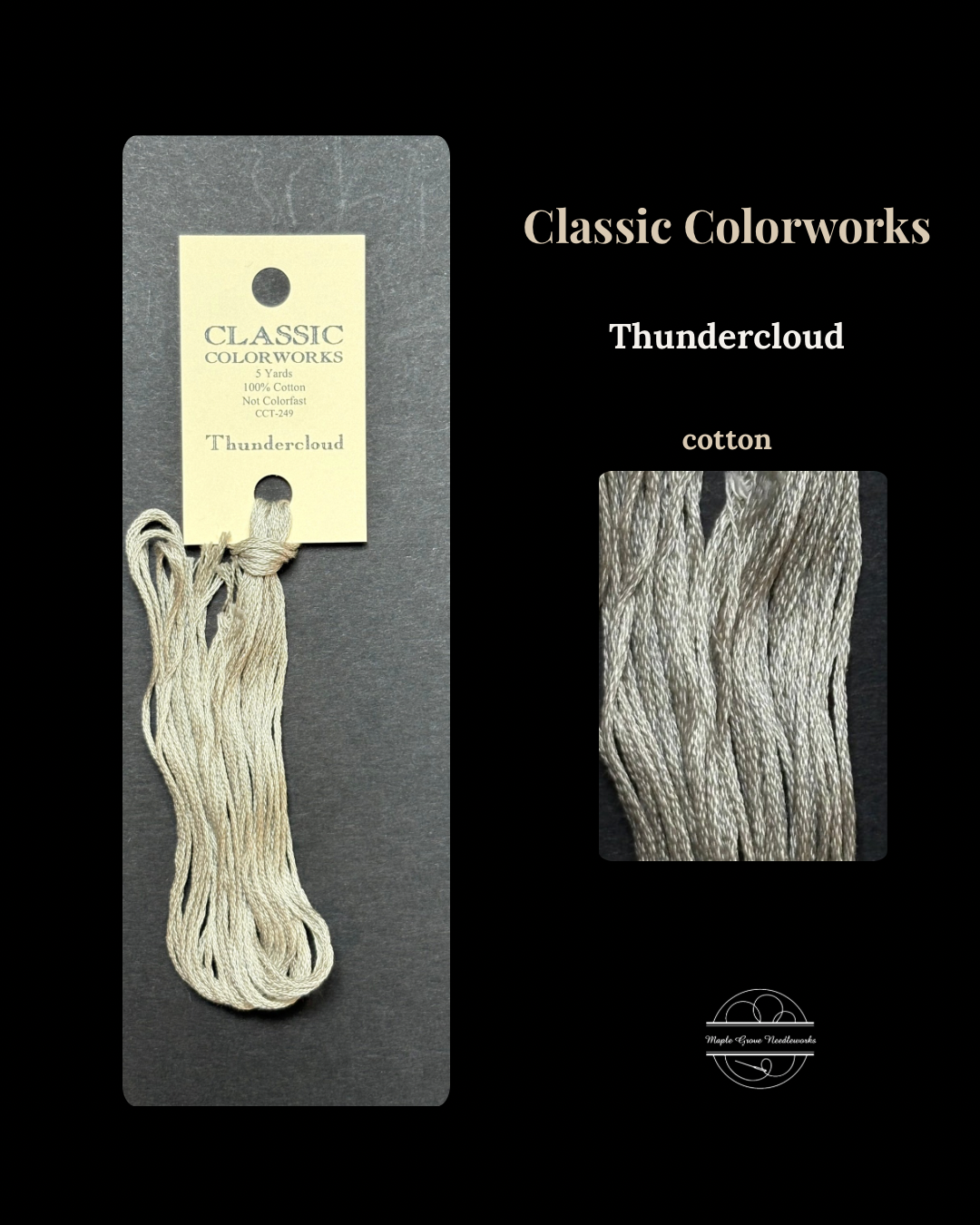  skein of yarn with packaging and close-up on a black background, featuring 'Classic Colorworks Thundercloud' label.