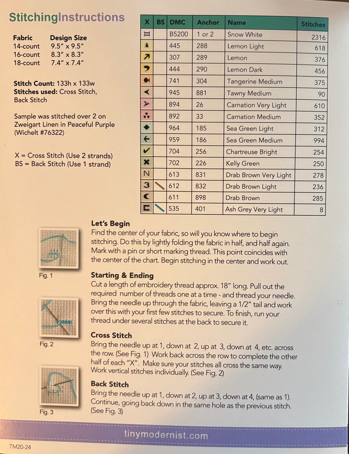 A printed sewing instruction sheet with a table of stitch sizes, figures, and step-by-step instructions for cross stitch, including a small preview of the pattern on the right side.