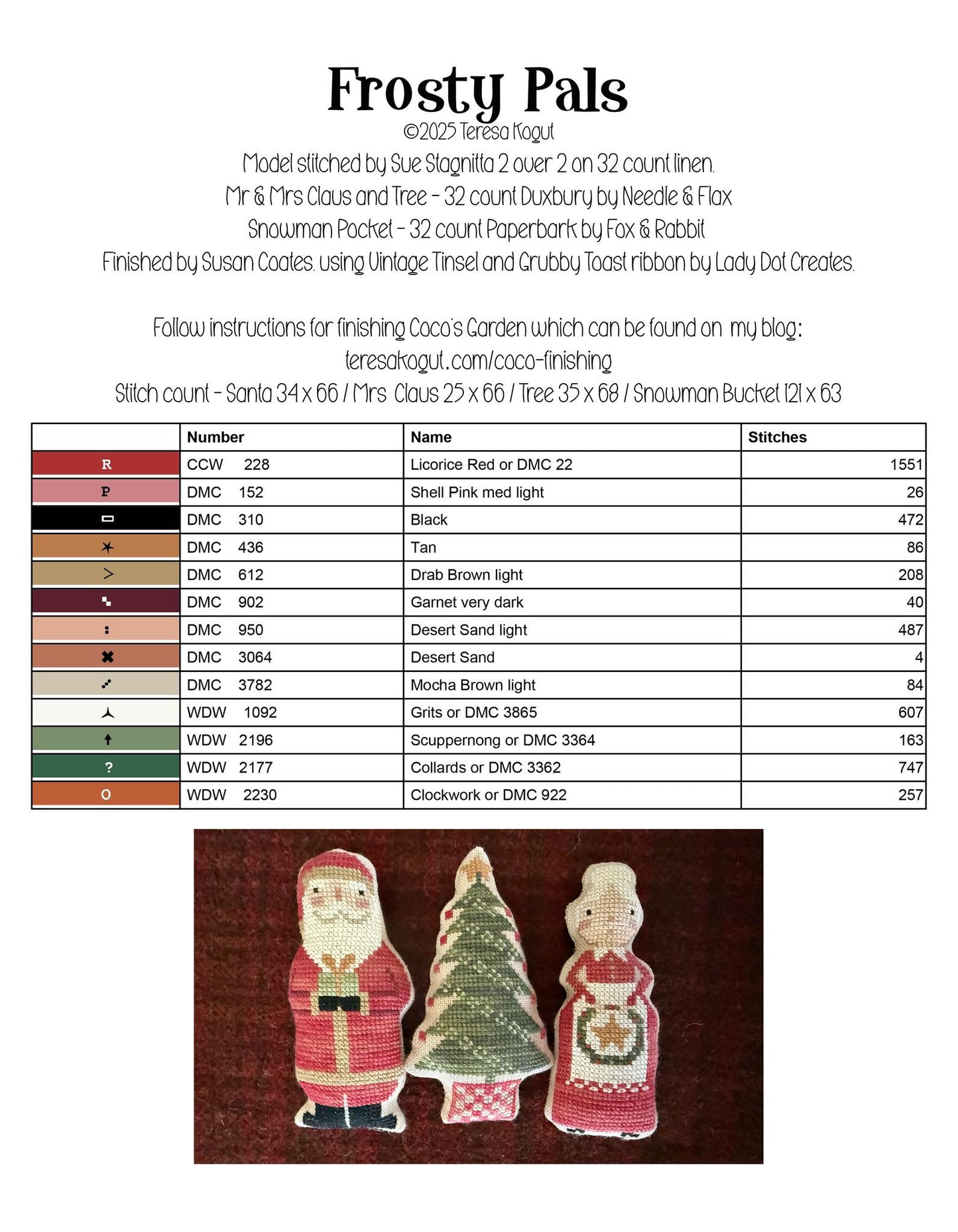 Frosty Pals embroidery pattern with color chart and images of Santa, tree, and house.