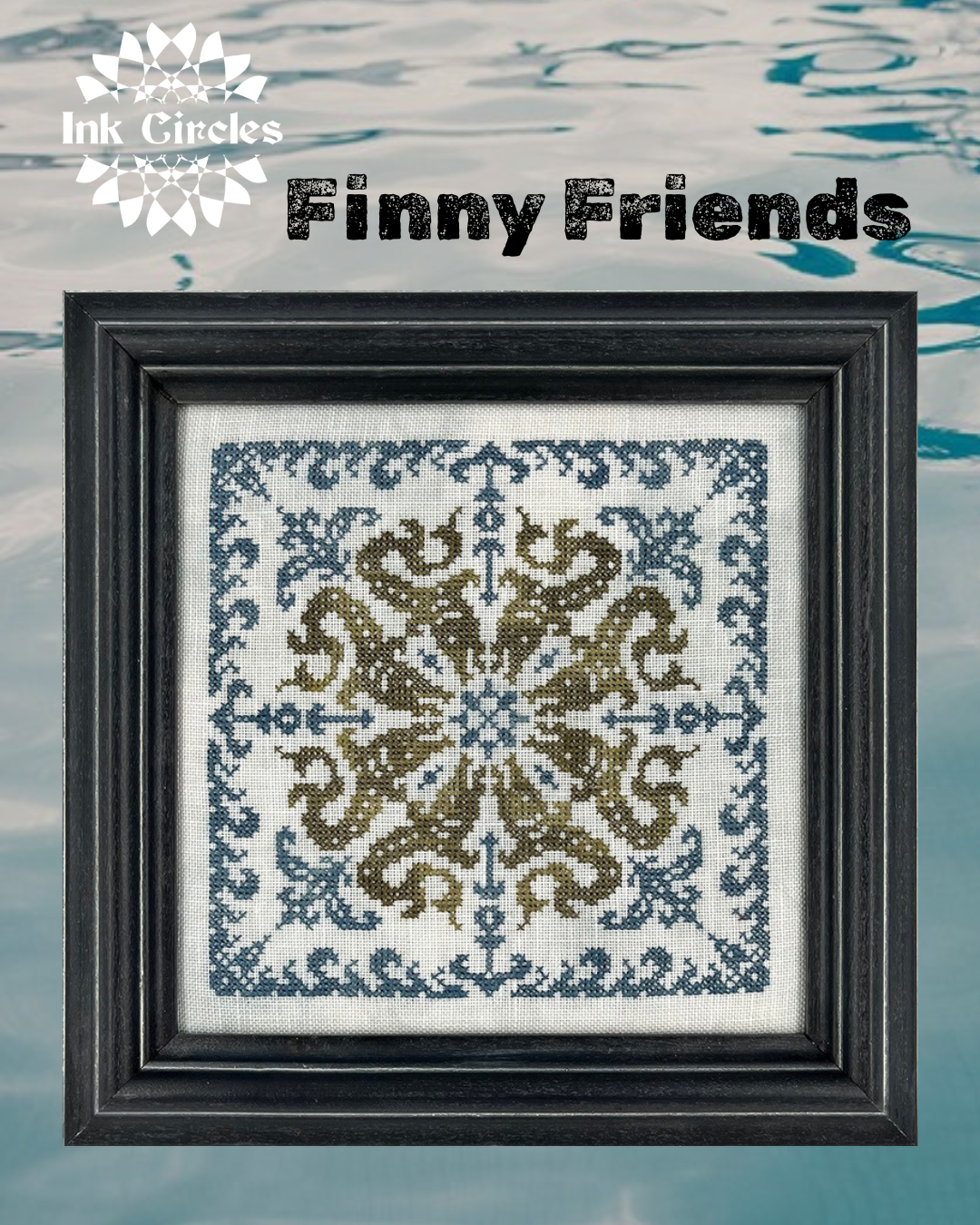 Framed cross-stitched design with 'Finny Friends' text and Ink Circles logo.
