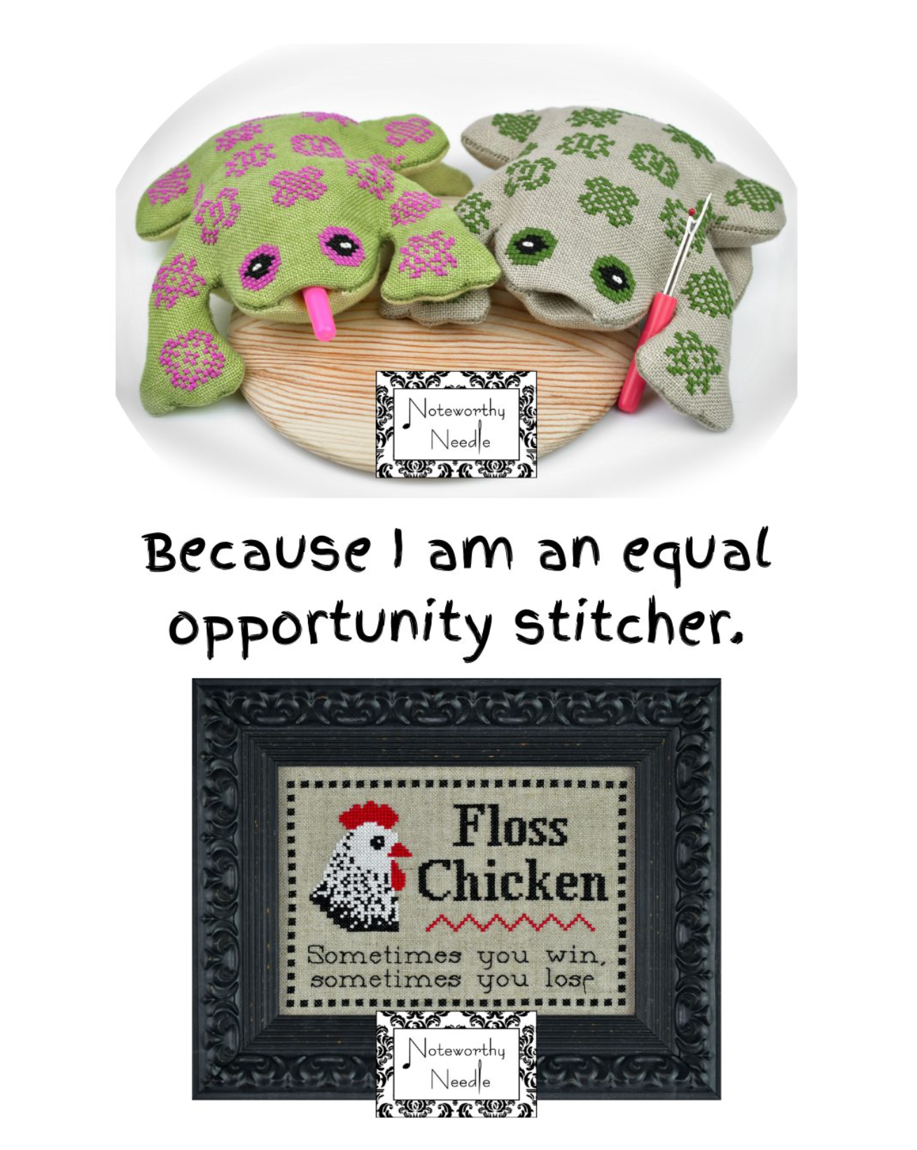 Two green and pink felt turtles with a wooden needle case and framed quote card on a white background.