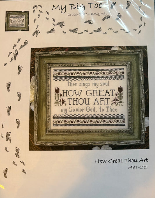 Cross-stitch pattern cover for 'How Great Thou Art' (MBT-125) by Cross Stitch Designs, featuring a framed preview of the finished stitched design on a white background with decorative bird illustrations.