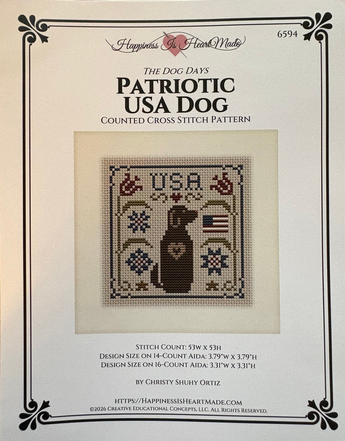 Patriotic USA Dog – Happiness Is Heart Made Cross Stitch Pattern