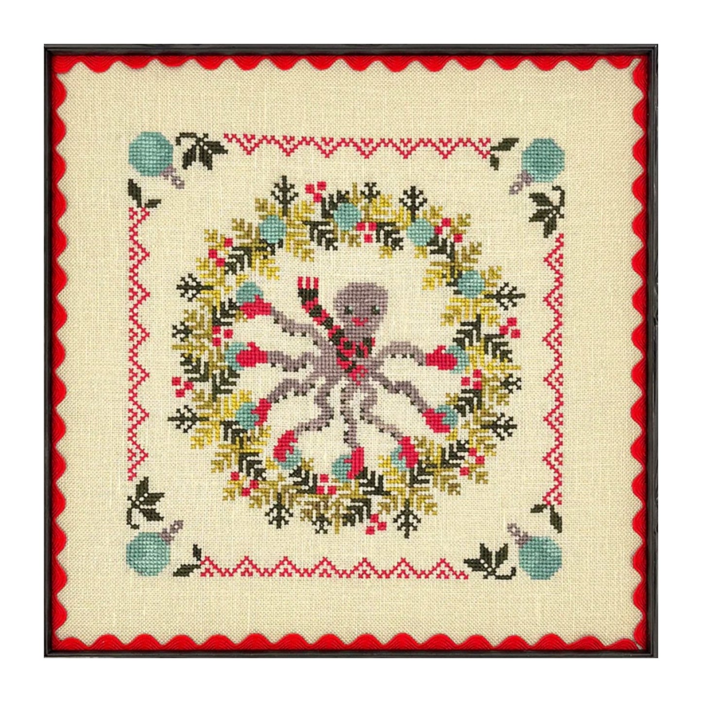 Cross-stitched design of a skeleton surrounded by flowers and leaves on a beige background with red border.