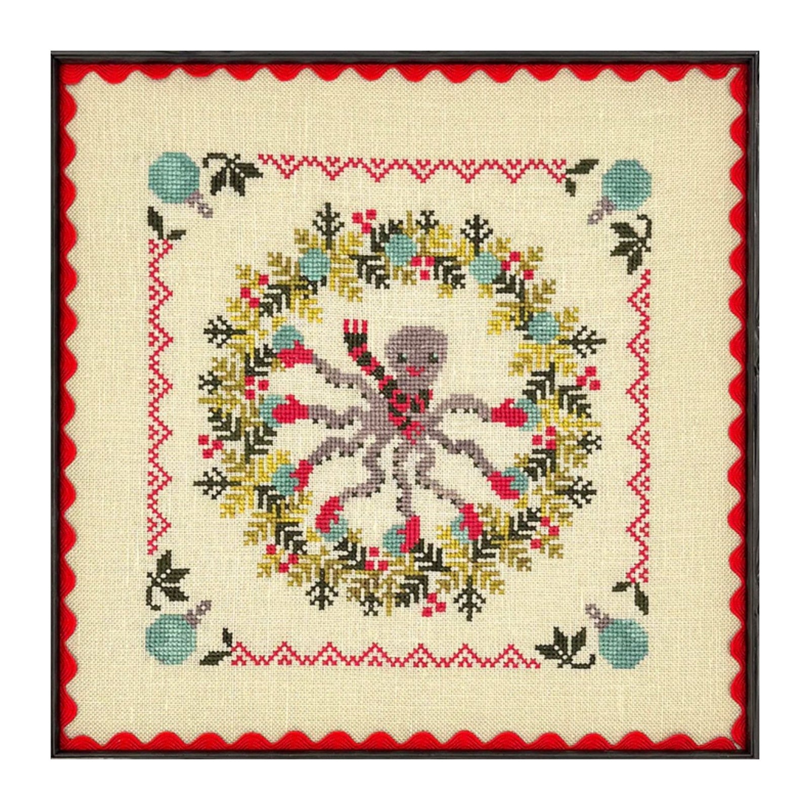 Cross-stitched design of a skeleton surrounded by flowers and leaves on a beige background with red border.