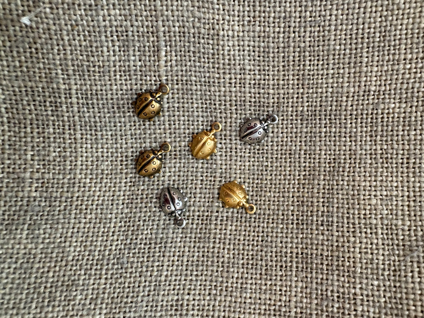 Small metal charm. lady bug on a textured fabric background