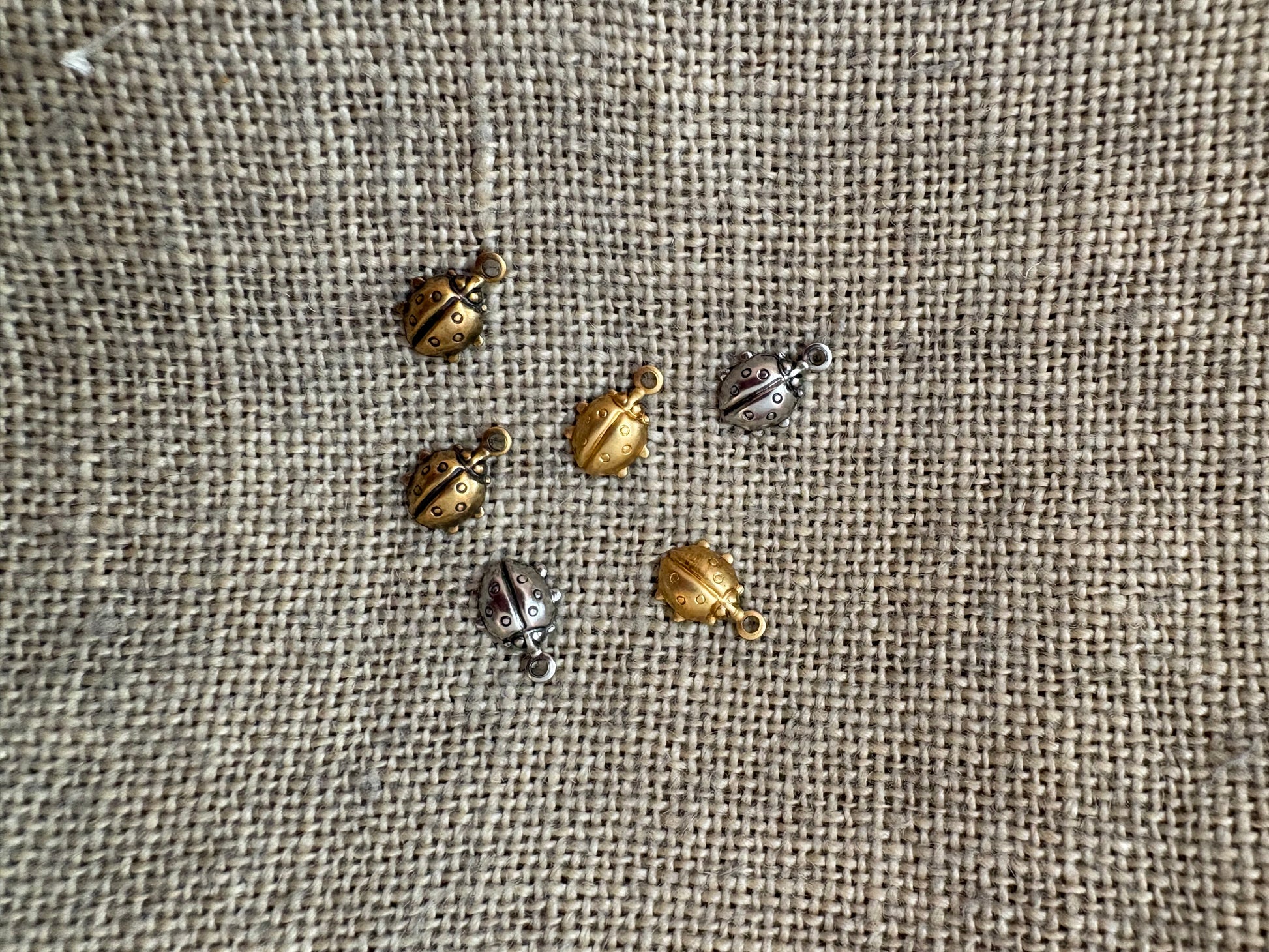 Small metal charm. lady bug on a textured fabric background