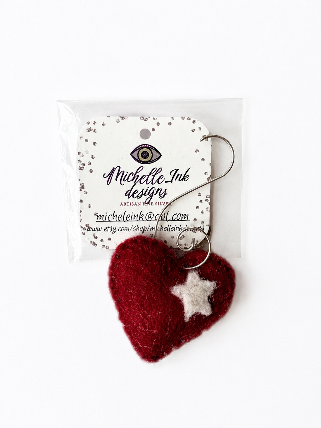 Heart-shaped pin cushion with star detail on a Michelle Ink Designs card
