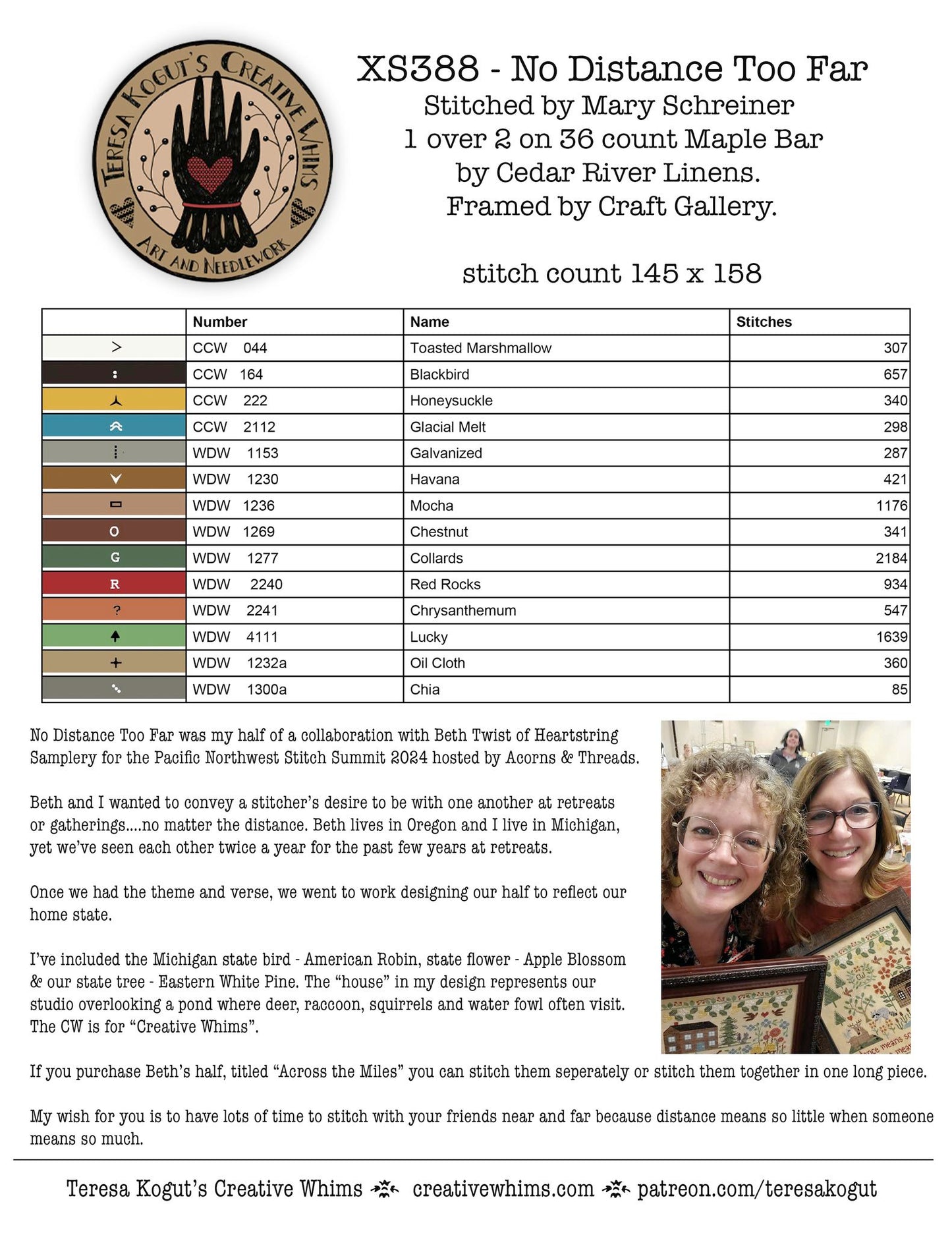 Textile design sheet with stitch count and color chart for 'No Distance Too Far' by Teresa Kogut's Creative Whims.